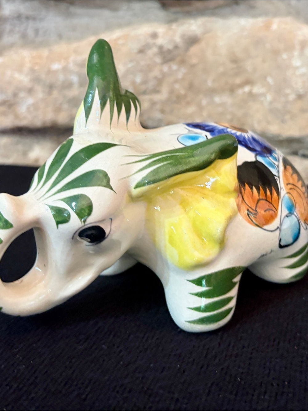 Vintage Mexican Hand-Painted Ceramic Elephant Figurine in White, Green & Yellow